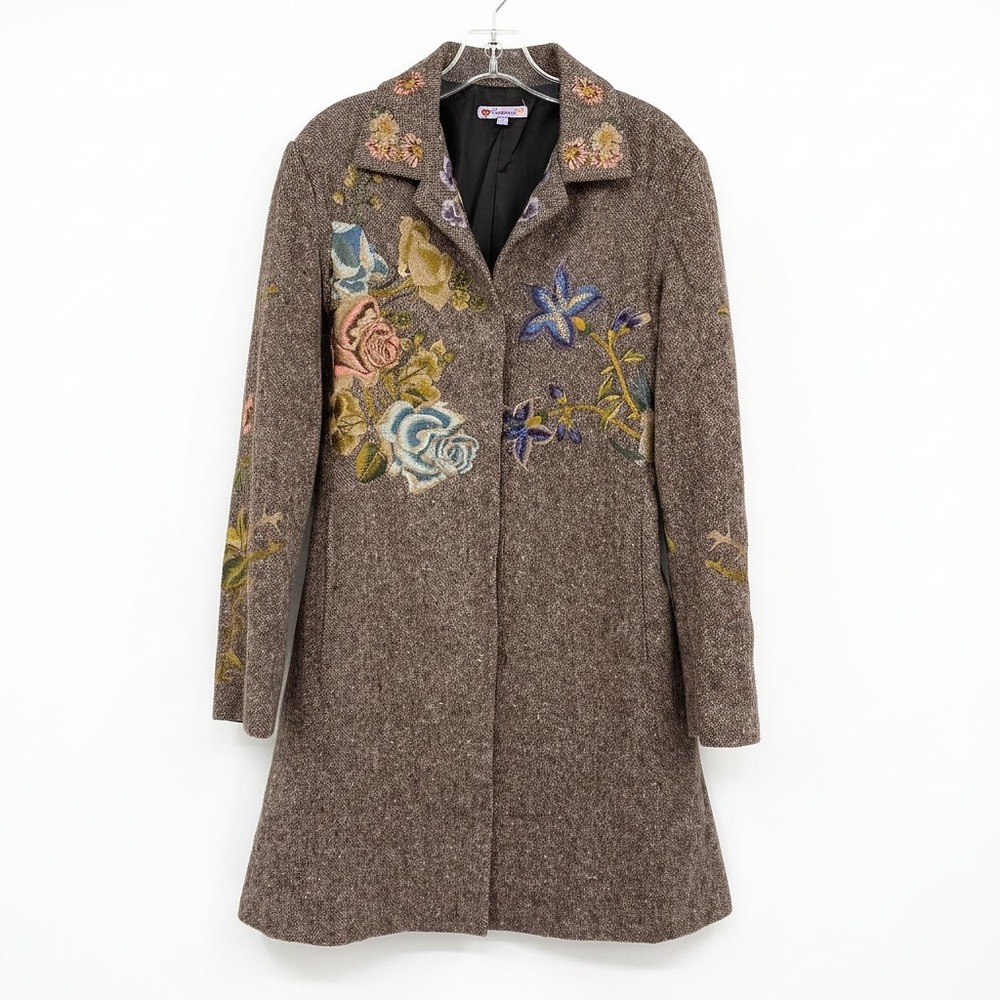 Frikonne Brown Floral Embroidered Pea Coat | Womens 2